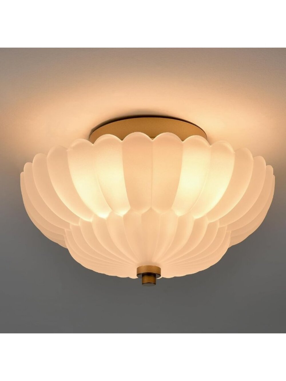 Elegant Gold Flush Mount Ceiling Light | Scalloped Frosted Milk Glass Design